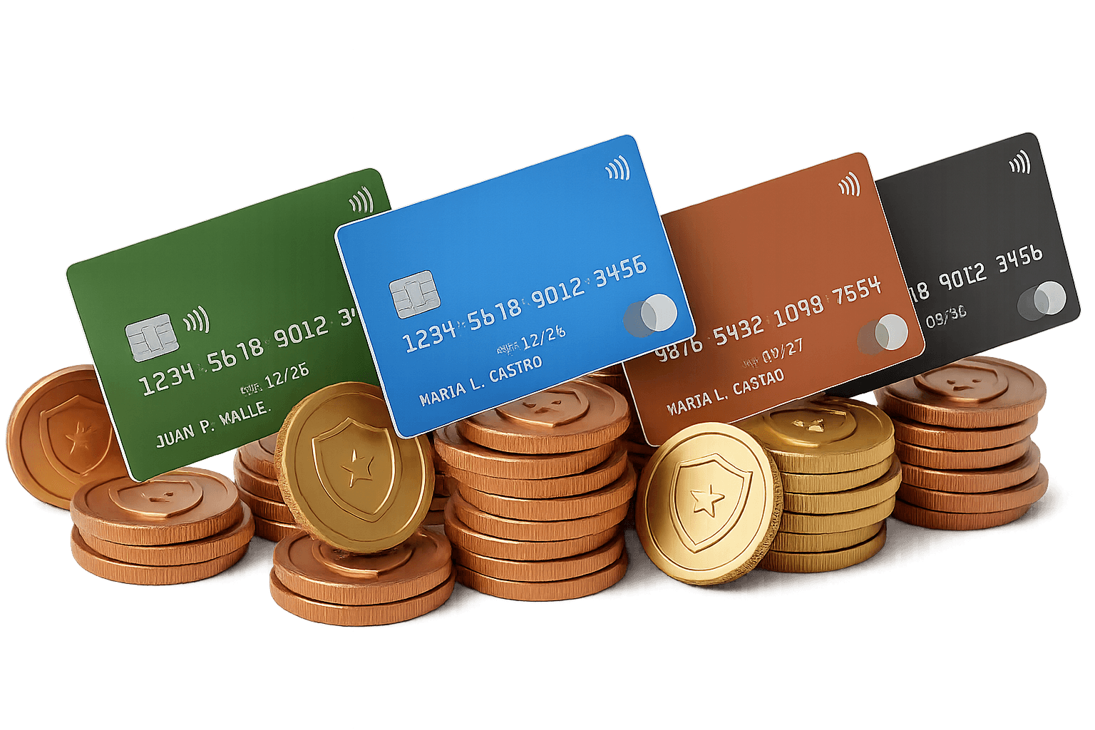 Tarjetas bancarias sobre monedas, representando beneficios y crecimiento