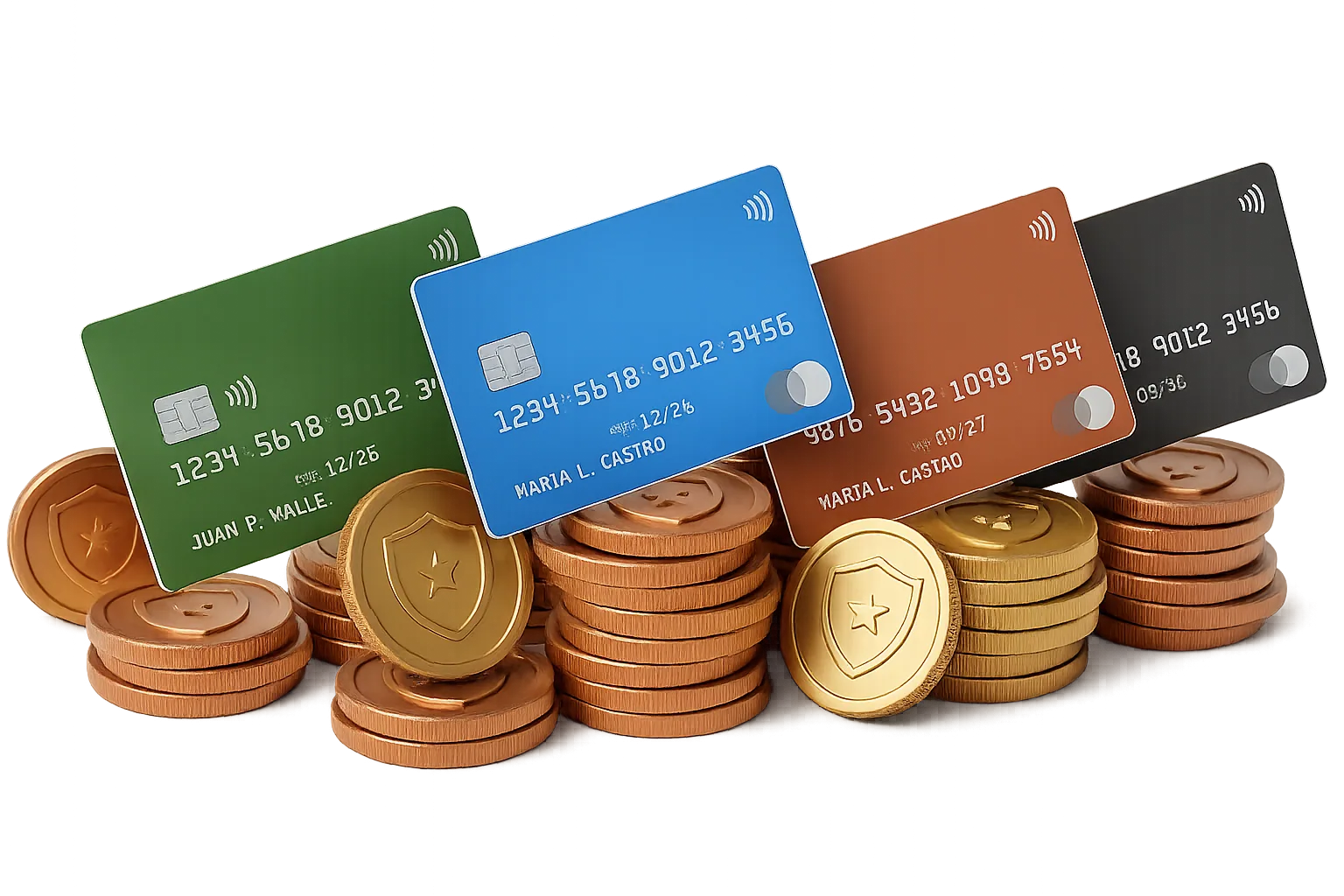 Tarjetas bancarias sobre monedas, representando beneficios y crecimiento